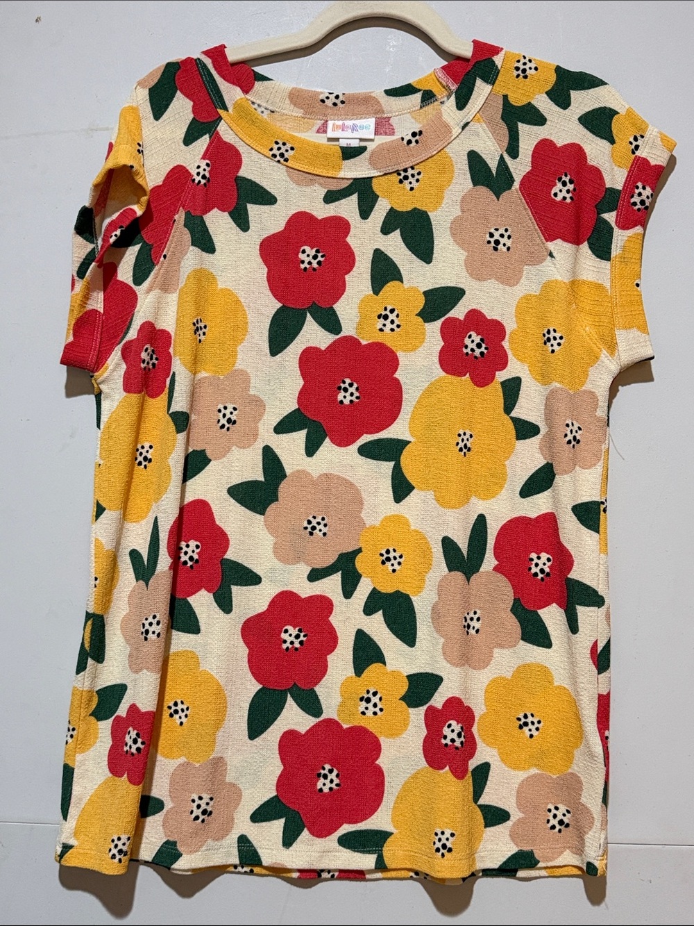 LuLaRoe Ashley Short Sleeve in Cream with Red, Yellow, Green & Tan Floral Print